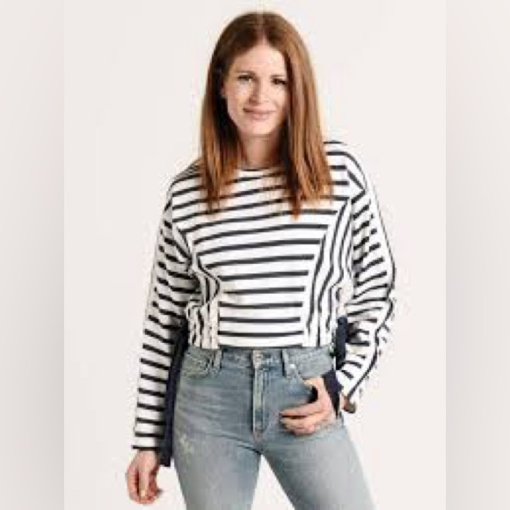 Parker Yolanda Sweatshirt Ruched Waist Cotton Coastal Navy and White Size Medium